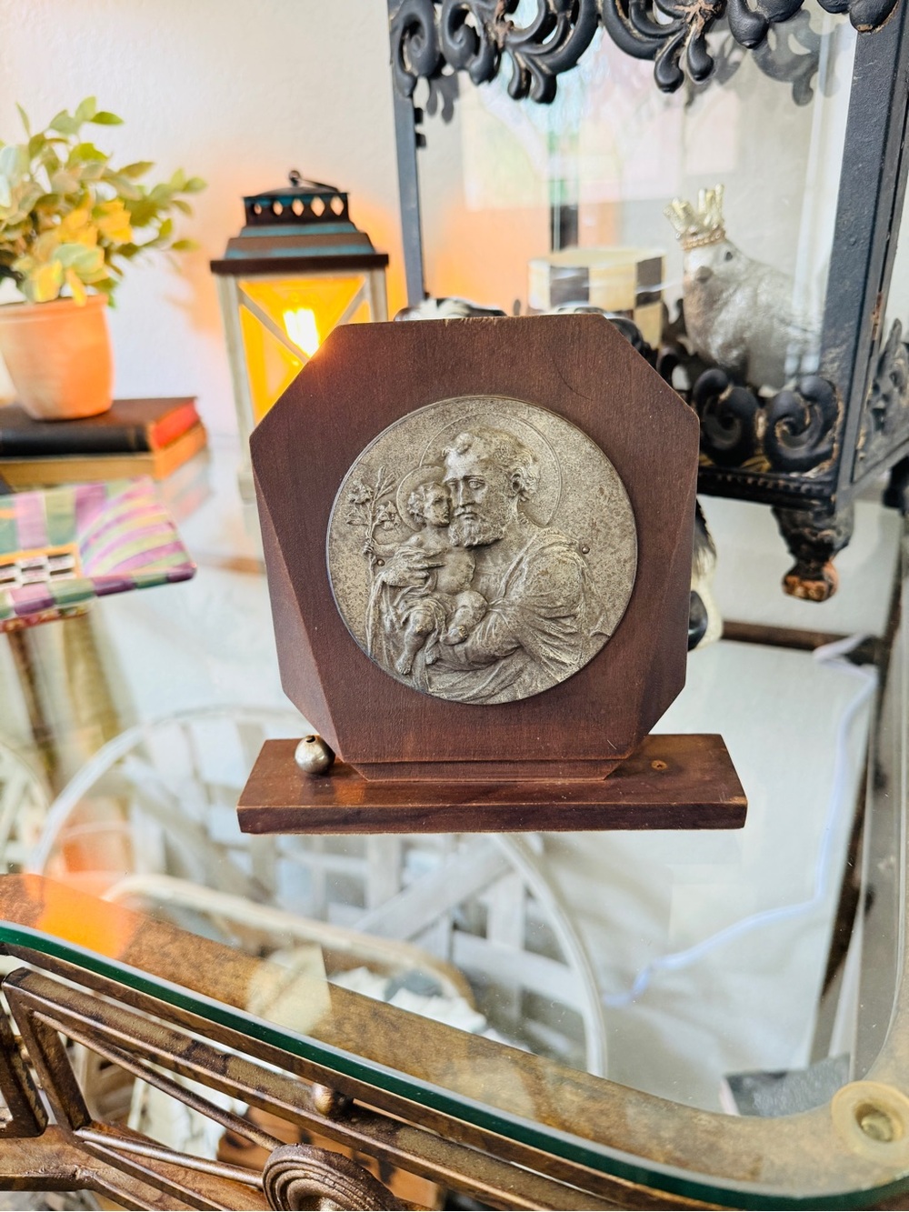 1920s Religious Metal & Wood St. Joseph and Child Jesus Plaque Art Deco Antique